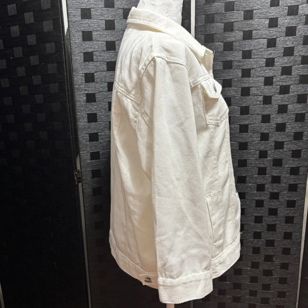 White Denim Jacket Womens L 3/4 Sleeve Y2K Preppy Trucker‎ - Picture 4 of 9